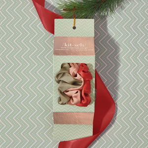 Kitsch Holiday Ornament Satin Scrunchies 3pc Set- Pinksettia